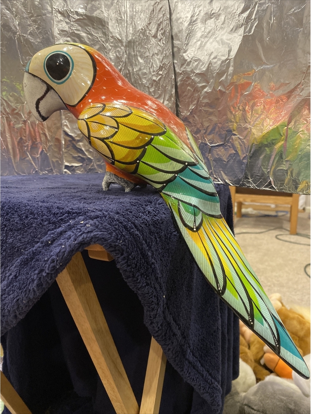 Scarlet Macaw Bird Cage Colorful Parrot Tucan Perched 17 1/2 inches long Vintage